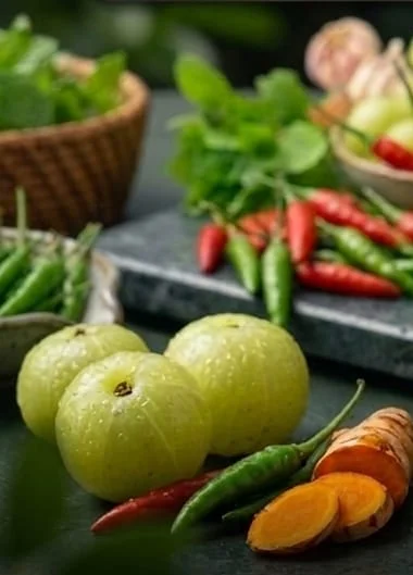 Gooseberries, green and red chillies, and sliced turmeric on a stone table
